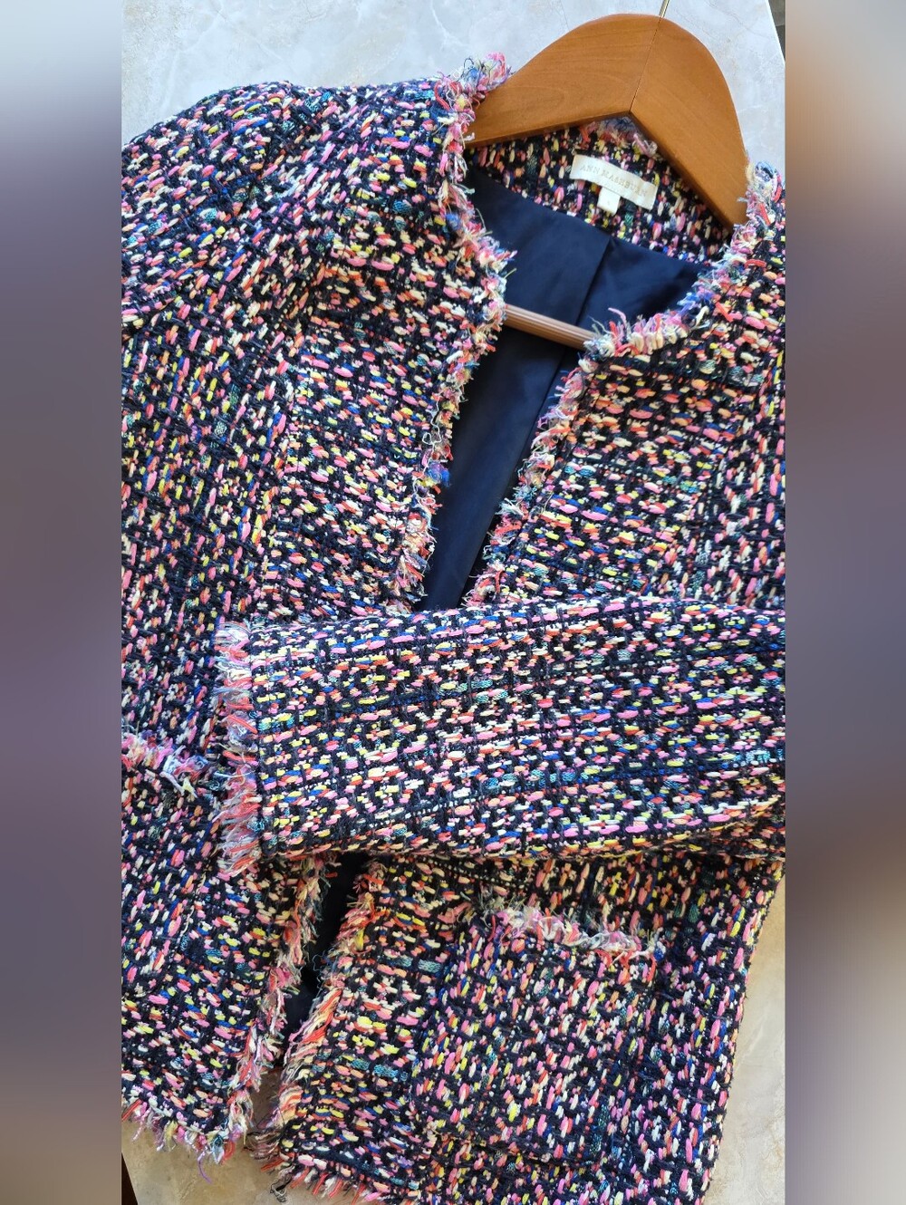 Ann Mashburn Multicolor Tweed Fringe Jacket S OpenFront Woven Blazer Career Chic